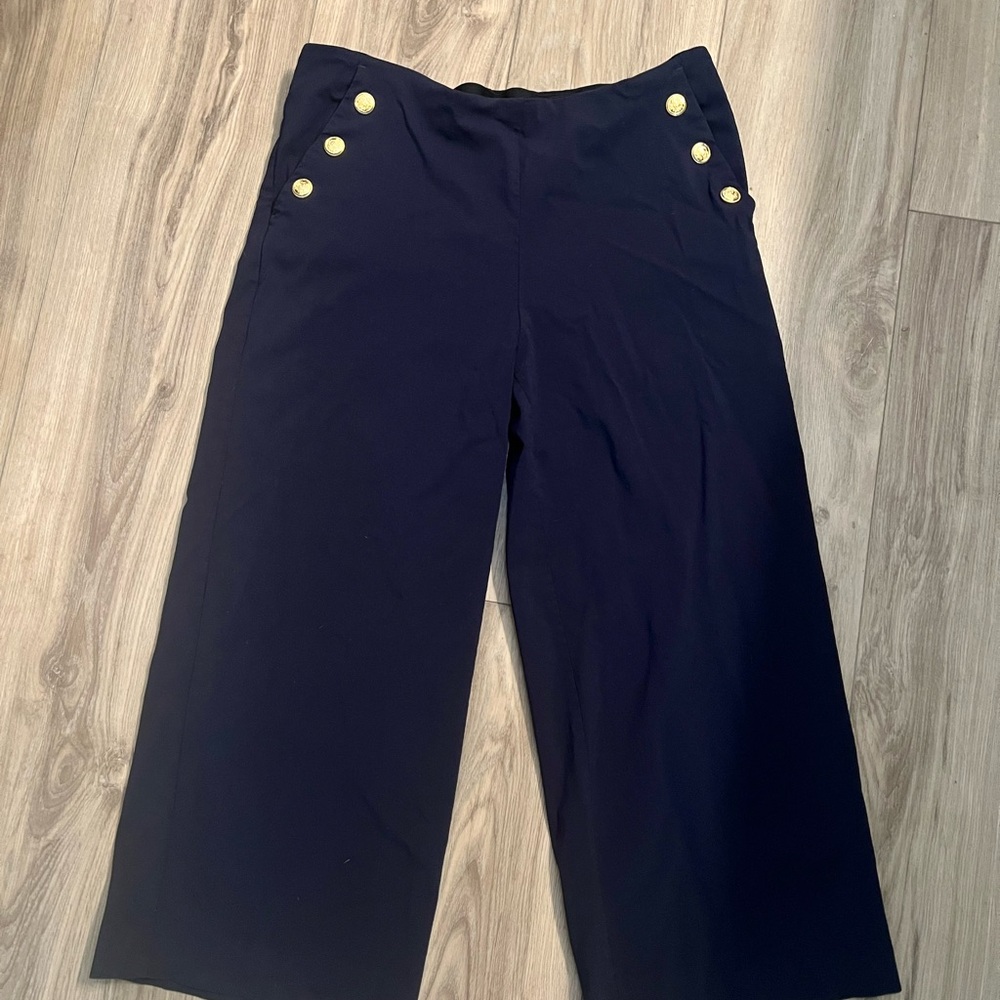 Chico's Navy Wide-Leg Pull-On Pants with Gold Buttons